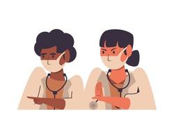 interracial female doctors using face masks characters vector