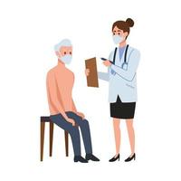 female doctor attending to old man in chair vector