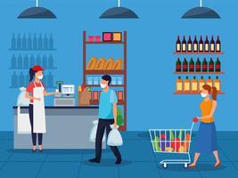 couple and worker using face masks in supermarket vector