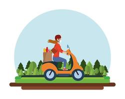 woman wearing a mask and using a motorcycle to deliver groceries vector