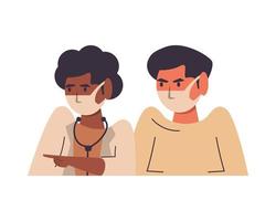 black female doctor with male patient using face masks vector