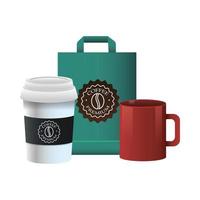 elegant cup and mug of coffee with packing bag product vector