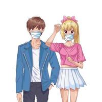 young couple using face masks anime characters vector