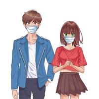 young couple using face masks anime characters vector