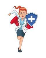 super doctora corriendo con escudo vector