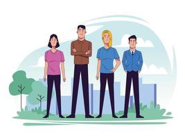 group of young people in landscape scene vector