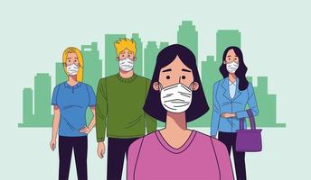 young people wearing medical masks characters vector