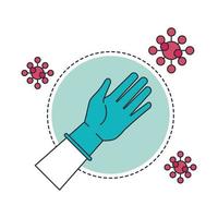 mano con guante de goma protección médica y partículas covid19 vector