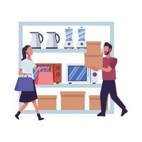 young couple in fashioanble clothing with shelving and appliances vector