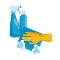 hand with rubber glove, spray bottles, and sponge vector