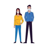 young couple wearing medical masks characters vector