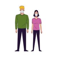 pareja joven con personajes de máscaras médicas vector