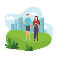 young couple wearing medical masks in the park vector