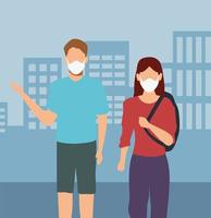 young couple wearing medical masks in the city vector