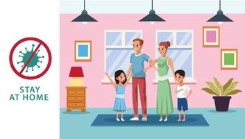 parents with son and daughter staying at home to avoid covid 19 vector