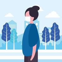 young woman wearing medical mask in the park vector