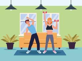 couple exercising together in the house vector