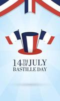 Bastille day celebration card with French flags and top hat vector