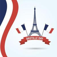 Tarjeta de celebración del día de la bastilla con la torre Eiffel y la bandera francesa vector