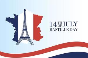 tarjeta de celebración del día de la bastilla con torre eiffel y mapa vector