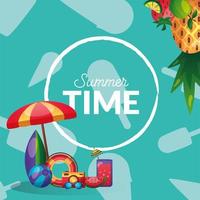 letras de horario de verano con iconos tropicales vector