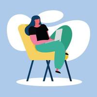 young woman using laptop, working on the chair vector