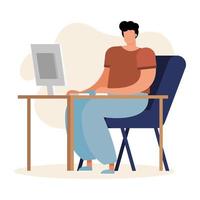 young man using a computer, working in the house vector