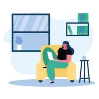 young woman using laptop, working in the living room vector