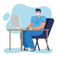 professional male doctor with stethoscope using computer vector