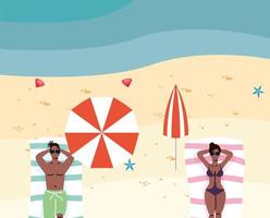 Afro couple practicing social distance at the beach vector