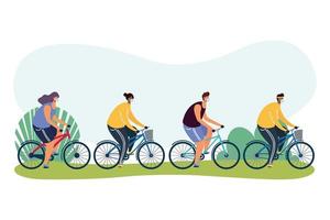 young people wearing medical masks on bicycles vector