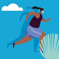 young afro woman wearing medical mask and running vector