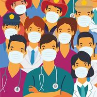 Essential workers wearing face masks vector