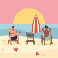 Hombres interraciales practicando distancia social en la playa. vector