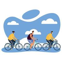 young men wearing medical mask on bicycles vector