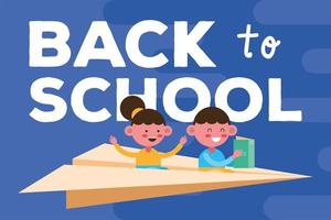 Back to school banner with students flying on a paper plane vector