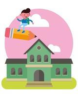 little boy flying on a pencil in front of the school vector