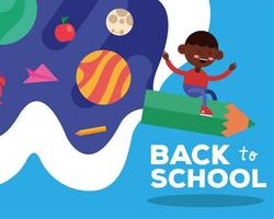 Back to school banner with student boy flying on a pencil vector