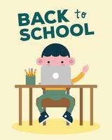 Back to school banner with student boy using laptop vector