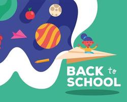 Back to school banner with student girl flying on a paper plane vector