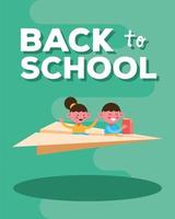 Back to school banner with students flying on a paper plane vector