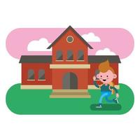 little school boy walking in front of the school vector