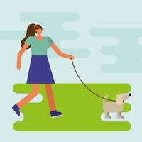 young woman walking the dog outdoors vector