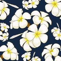 Seamless pattern white Frangipani flowers dark blue abstract background. Drawing line art. Vector illustration fabric textile design