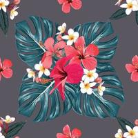 Seamless pattern tropical summer with red Hibiscus, Frangipani flowers and green Monstera leafs on isolated  background. Vector illustration hand drawing dry watercolor style. For fabric design.