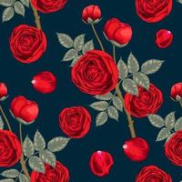 Seamless pattern beautiful red Rose flowers on dark blue abstract background. Vector illustration dry watercolor hand drawing line art style. For fabric design