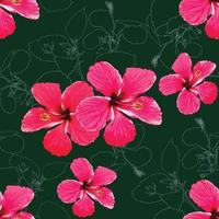 Seamless pattern tropical summer with pink-red Hibiscus flowers on abstract green background. Vector illustration hand drawing watercolor style. For fabric design.