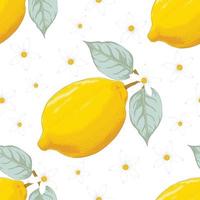 Seamless pattern tropical summer with Lemon fruit and flowers on isolated white background. Vector illustration hand drawing line art. For fabric design.