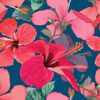 Seamless pattern tropical summer with red Hibiscus flowers on isolated dark blue background. Vector illustration hand drawing dry watercolor style. For fabric design.