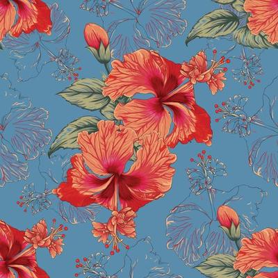 Seamless floral pattern Hibiscus flowers on abstract blue background. Vector illustration watercolor hand drawn.